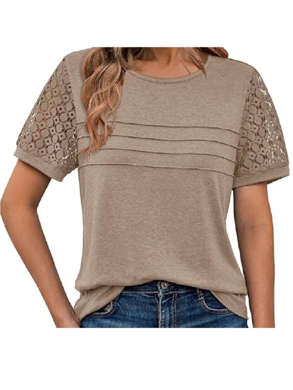 Short Sleeve Lace Summer Tops Casual Dressy Size L Khaki Tan NEW